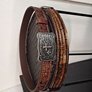 CODY JAMES Mens Brown God Bless America Buckle Tooled Leather Belt 40